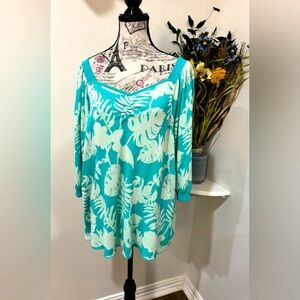 Cato Turquoise Tropical Rouched V neck puff sleeves top size 22/24